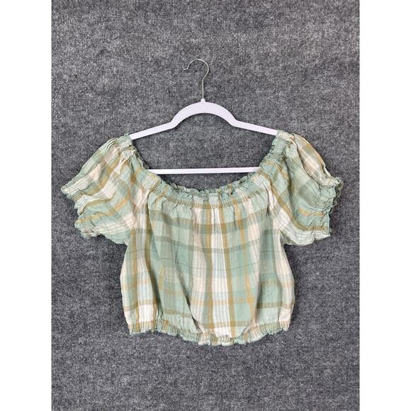 American Eagle Outfitters Tops - American Eagle Green Plaid Cotton Off Shoulder Puff Sleeve Crop Top Size S/P/CH